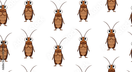 Funny seamless pattern with brown cartoon cockroach characters in a standing position isolated on a clean white background.