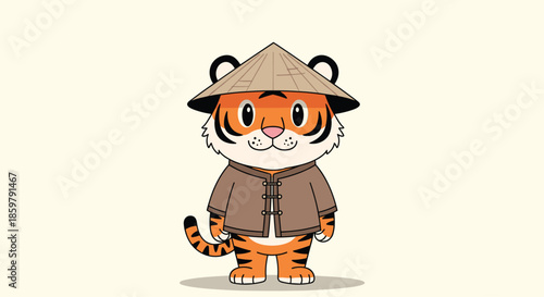 Cute tiger cub character dressed in traditional brown Chinese clothing and a conical straw hat for lunar new year themes.