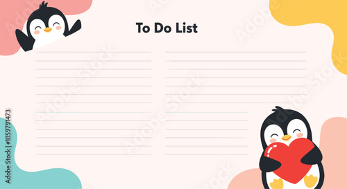 Functional to-do list template with cute penguin illustrations and pastel colored shapes for organizing daily tasks and goals.