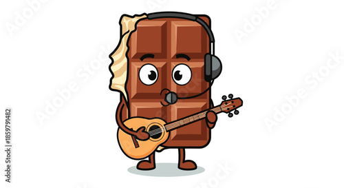 Funny chocolate bar character wearing headphones and playing an acoustic guitar while singing into a headset microphone.