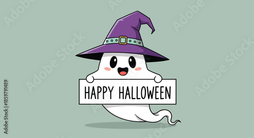 Friendly white ghost character wearing a purple witch hat and holding a Happy Halloween sign on a soft green background.