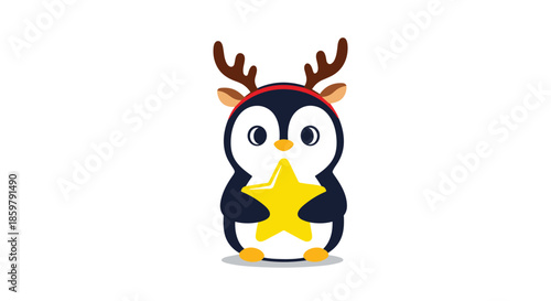 Cute penguin character wearing reindeer antlers and holding a bright yellow star for a festive holiday and Christmas theme.