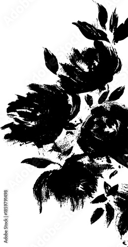 Expressive sumi-e black ink brush floral design for art prints and posters