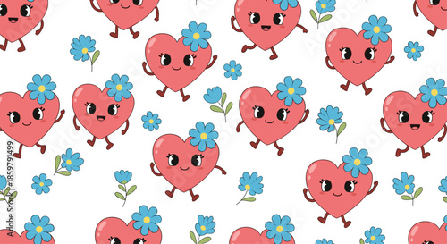 Playful seamless pattern featuring red heart characters with faces and blue flowers scattered on a clean white background.