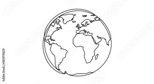 Continuous line art drawing of the earth globe showing the outlines of major continents in a minimalist and modern artistic vector style.