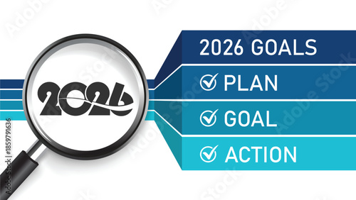 Professional blue-toned 2026 Goals infographic with magnifying glass highlighting "2026", roadmap ribbon showing Plan, Goal, Action checkboxes. Ideal for business strategy, personal planning, new year