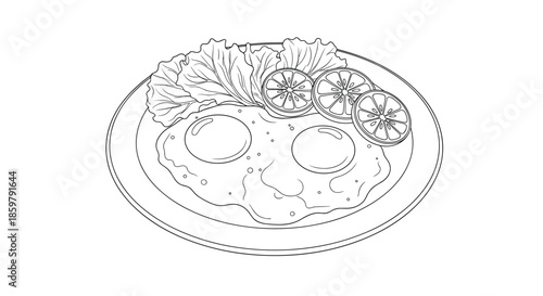 Simple line art drawing of a breakfast plate featuring two sunny side up fried eggs served with fresh lettuce leaves and sliced citrus fruits.