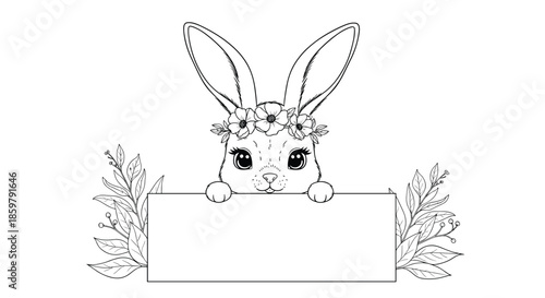 Elegant line art of a small bunny wearing a floral crown peering over a blank rectangular sign surrounded by delicate leaves and branches.