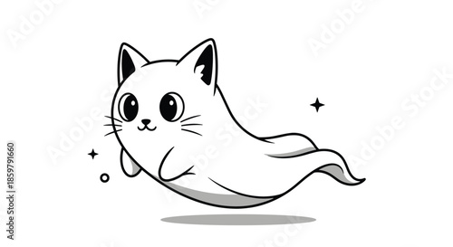 Minimalist black and white illustration of a cute ghost cat character with whiskers and ears floating through the air with tiny stars.