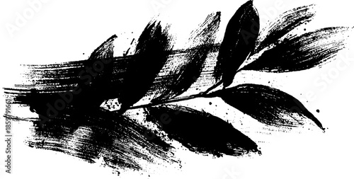 Expressive black ink brush illustration in sumi-e style with leaf motif
