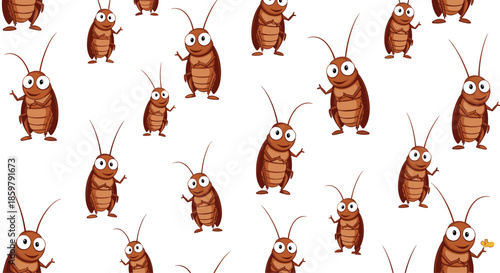 Humorous seamless pattern featuring many brown cockroach characters with large eyes standing in various friendly poses on a white backdrop.