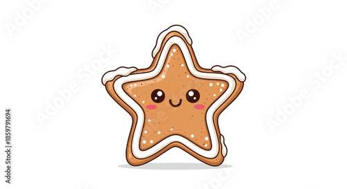 Sweet gingerbread star cookie with a cute smiling face and white icing outline isolated on a clean white background.