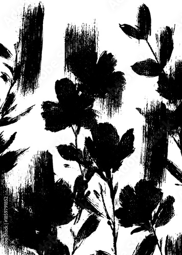 Black ink floral brush design in sumi-e style for artistic prints and decor