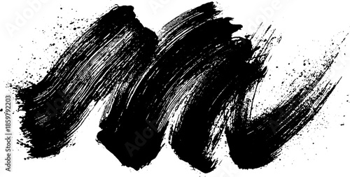 Expressive sumi-e brushstroke in black ink with dynamic splatter effect