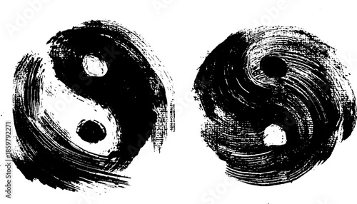 Yin and yang symbol with sumi-e style black ink brush strokes