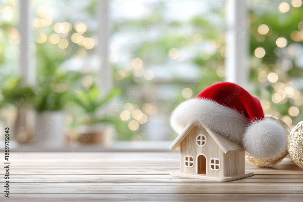 Fototapeta premium A charming wooden house wearing a Santa hat sits on a wooden table. The background features festive decorations and soft lighting, creating a warm holiday atmosphere perfect for winter celebrations