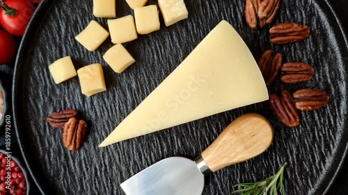 Cubed cheddar, gouda, or parmesan cheese on a cutting board. Cubed cheese as a food background for your design