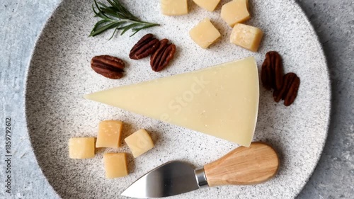 Cubed cheddar, gouda, or parmesan cheese on a cutting board. Cubed cheese as a food background for your design