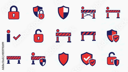 The collection of security icons features various symbols like locks, shields, barriers, and checkpoints for protection.