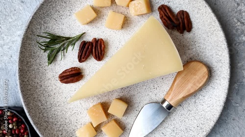 Cubed cheddar, gouda, or parmesan cheese on a cutting board. Cubed cheese as a food background for your design