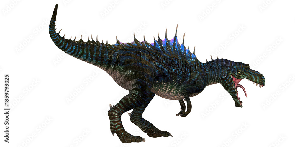 Fototapeta premium Fierce dinosaur with spiked back, roaring stance.