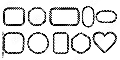 Collection of 10 black nautical rope frames including heart, circle, and rectangle shapes. Isolated on white for versatile design projects.