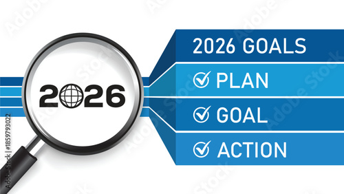 Professional blue-toned 2026 Goals infographic with magnifying glass highlighting "2026", roadmap ribbon showing Plan, Goal, Action checkboxes. Ideal for business strategy, personal planning, new year