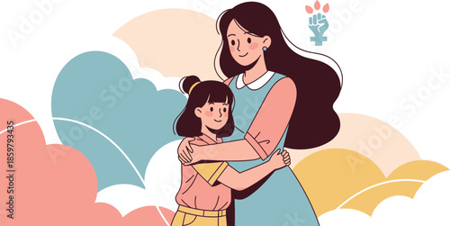 A heartwarming flat illustration of a mother embracing her daughter with feminist symbols for womens empowerment and love