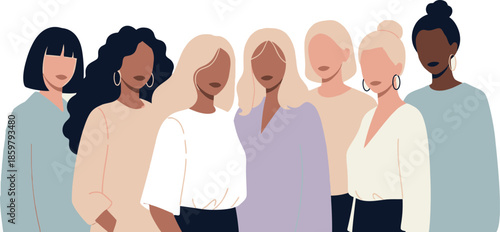 Diverse group of confident women standing together in a powerful minimalist flat design illustration promoting unity and empowerment