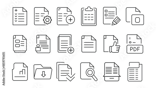 Collection of document and file icons in line style
