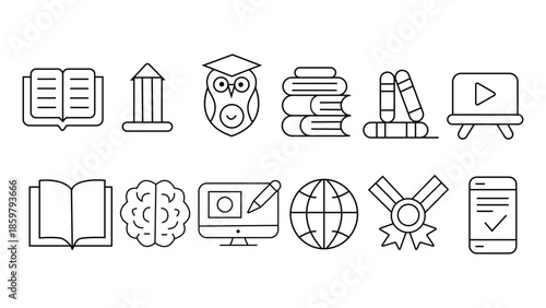 Collection of various educational icons and symbols in line style