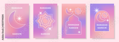 A selection of vibrant Ramadan Kareem greeting card templates featuring a crescent moon, star, and mosque on a gradient background for the Islamic holiday.