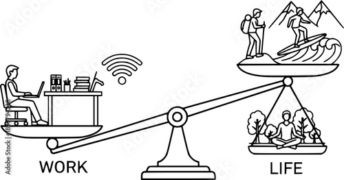 Work-Life Balance Silhouette Vector - Remote Work, Freelancer & Outdoor Leisure Activity Icons in Black Outline
