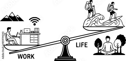 Work-Life Balance Silhouette Vector - Remote Work, Freelancer & Outdoor Leisure Activity Icons in Black Outline
