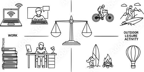 Work-Life Balance Silhouette Vector - Remote Work, Freelancer & Outdoor Leisure Activity Icons in Black Outline
