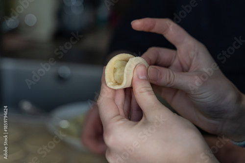 Close-up of hands filling dumpling dough with mashed potato stuffing. Traditional homemade cooking with selective focus, soft focus background, and authentic cooking at home mood.