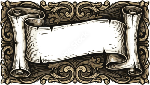 A scroll or banner parchment paper ribbon band in a vintage woodcut style
