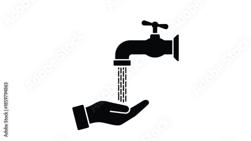 A simple black silhouette depicting a water tap pouring water into a hand below