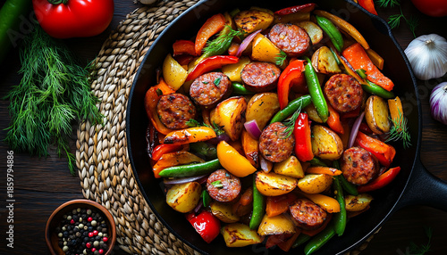 Wallpaper Mural Fried potatoes with vegetables and sausages. Top view Torontodigital.ca