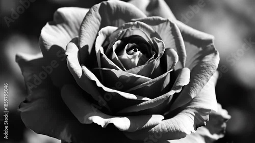 Close up black and white image of a delicate rose showcasing intricate petal details and soft lighting