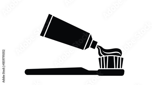 A simple black and white illustration depicting a tube of toothpaste and toothbrush