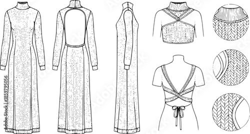 women knitted long sleeve high neck backless maxi dress flat sketch vector technical cad drawing template
