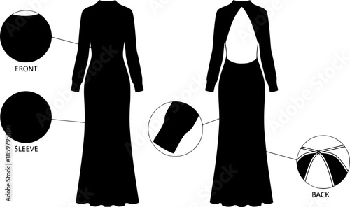 women knitted long sleeve high neck backless maxi dress flat sketch vector technical cad drawing template
