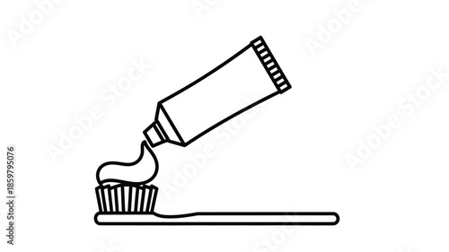 Simple black and white line drawing illustrating toothpaste being applied to a toothbrush