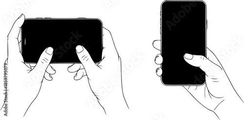 Hands holding a phone in horizontal and vertical positions. Blank screen smartphone for message or photo in various positions.
