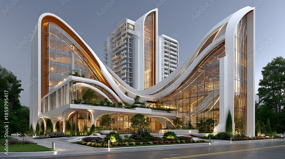 Fototapeta premium Futuristic curved architecture with glass facade high resolution image