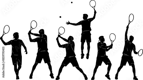 Tennis, group of male tennis players, isolated vector silhouettes, summer sports
