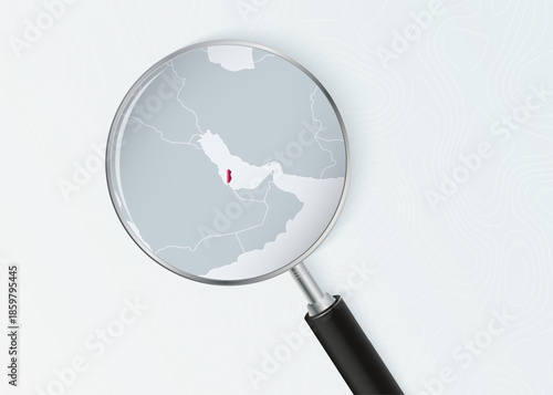 Qatar Map Under Magnifying Glass with National Flag Overlay.