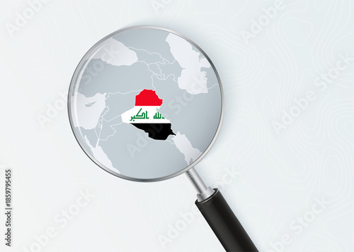 Iraq Map Under Magnifying Glass with National Flag Overlay.