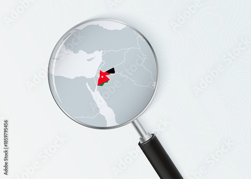 Jordan Map Under Magnifying Glass with National Flag Overlay.
